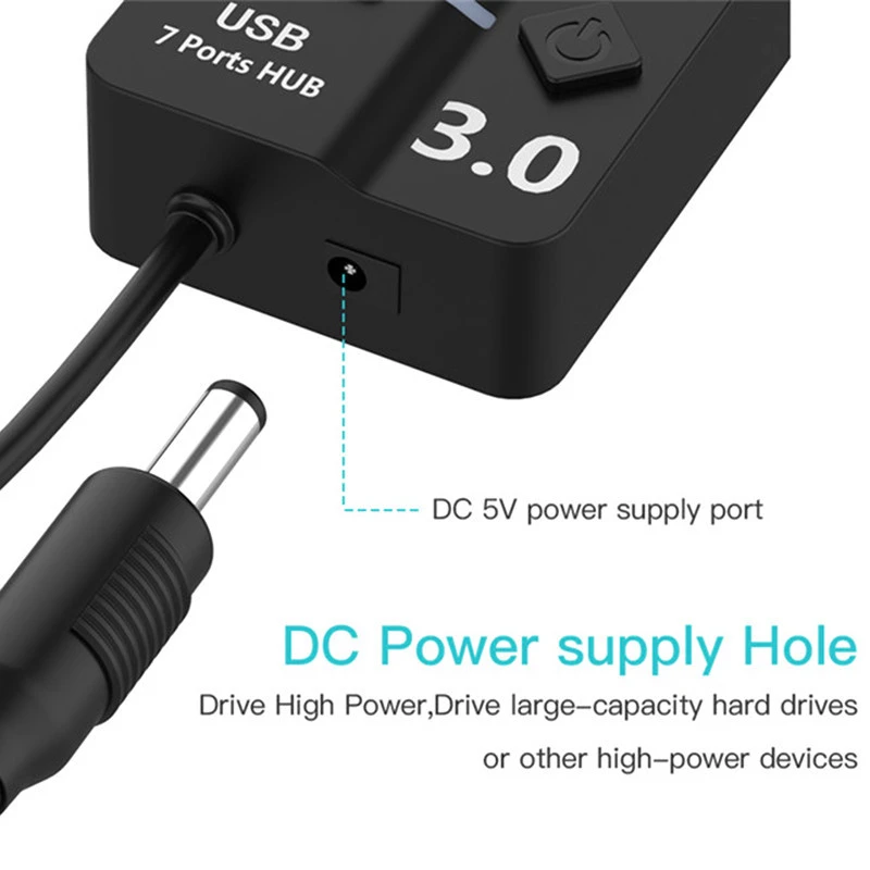 4 Port USB 3.0 Hub 5Gbps High Speed On*Off Switches AC Power Adapter For PC Af