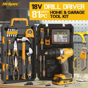 81PC Home Garage Tool Set With 18V Drill Driver  Professional Steel Masonry Wood Bits Werkzeuge