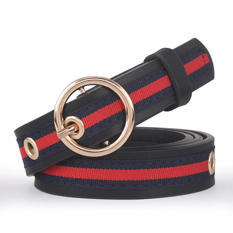 A1175   Elegant Waist Belt Round Rivet Pin Buckle Belt Straps Decor Unisex Striped Sash Pants Jeans Girdle Canvas Dress Belts