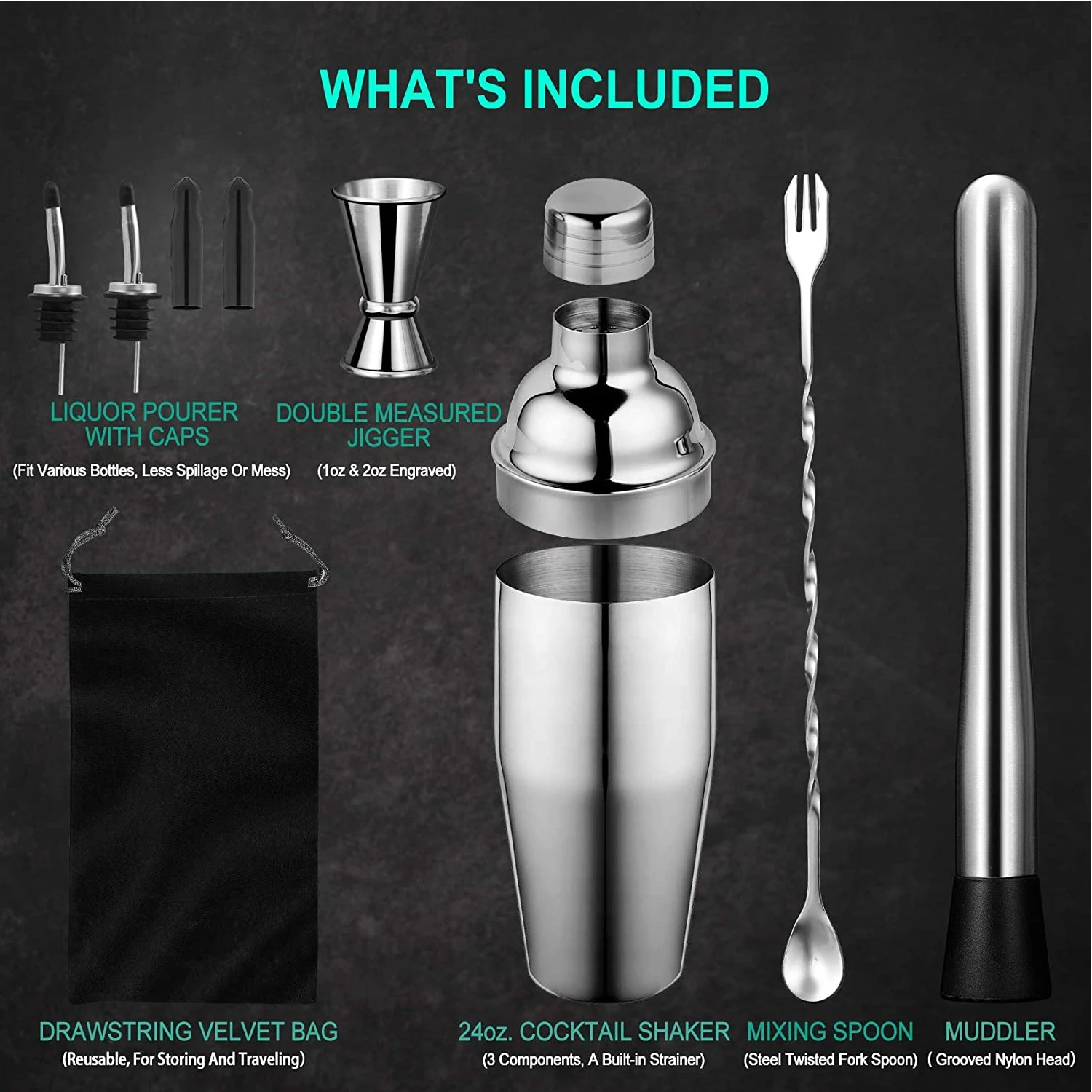 Amazon Top Seller Premium Custom 8 Pieces Cocktail Shaker Making Set Bar Tools 750ml Stainless Steel Bartender Kit with Recipes