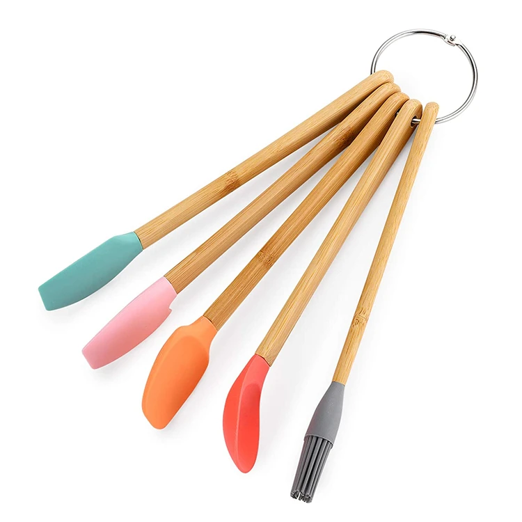 Baking Mixing Cooking Apartment 5 Pieces Mini Silicone Wooden Handle Spatula Set
