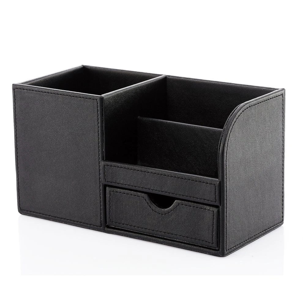 Black Multi-function desktop PU Leather desk organizer storage box for office supplies