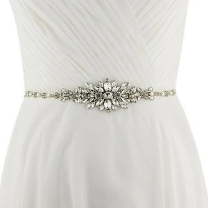 Bridal Diamond Thin Belt Dress Sash,Long Rhinestone Applique Satin Ribbon Dress Belts