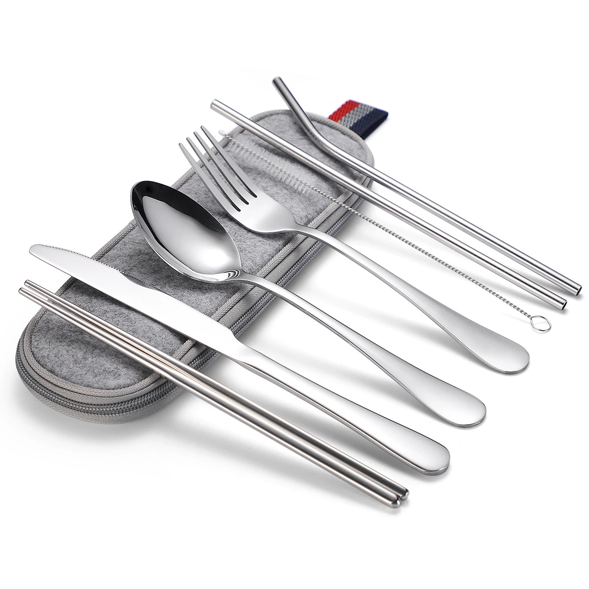 Camping Reusable Knife Fork Spoon Chopsticks Straw Stainless Steel Travel Cutlery Set With Bag
