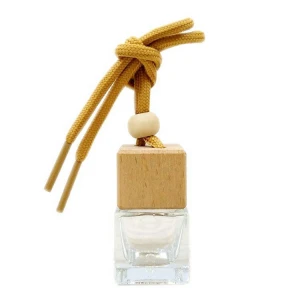 Car Accessories Decoration Air Freshener 10ml Square Black Clear Car Hanging Glass Perfume Diffuser Bottle With Wooden Cap