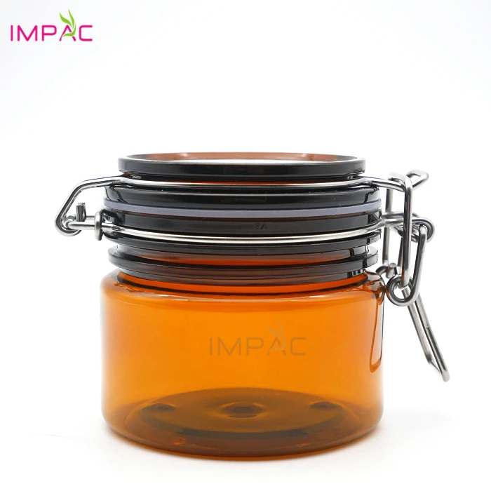 Cosmetic storage packaging amber plastic airtight jar 220ml with metal clip lid and rubber seal