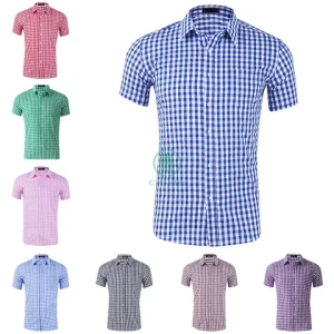 Custom MenS New Cotton Small Plaid Print Short Sleeve Casual Shirt Summer Breathable Cotton Shirts