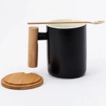 Custom printed Reusable Coffee Tea Cup Set With spoon  Wooden Handle sublimation Ceramic Tumbler Travel Mug With Bamboo Lid