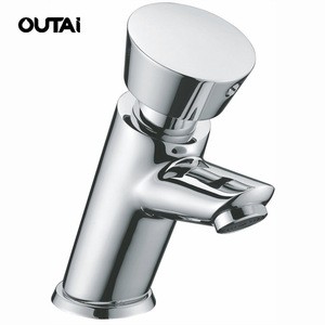 Custom printing logo brass faucet time delay self closing basin push button tap