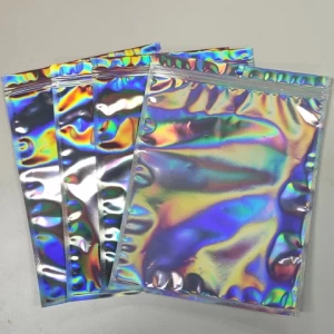custom resealable transparent cosmetic holographic packaging bag pouch/holographic ziplock bag self adhesive makeup zipper bag
