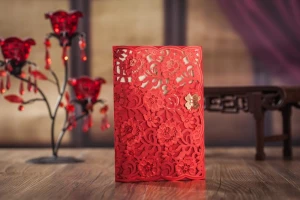 CW6076 WISHMADE Factory Cheap Chinese Red Laser Cut Flower Wedding Invitation Card