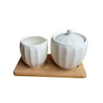 Daily use plain white stoneware ceramic sugar pot with lid creamer milk jug with spout wooden tray