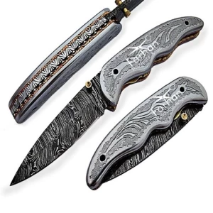 Damascus Steel Folding knife Engraved Steel Handle