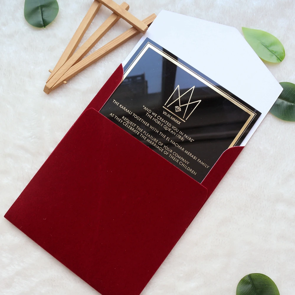 Decoration Wedding Supplies Burgundy Velvet Pocket Envelope and Black Acrylic Invitations Luxury Wedding Invitation Card