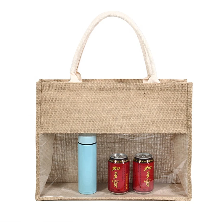 Eco Friendly Durable Handle Natural Linen With Clear PVC Window Shopping Jute Tote Burlap Bags