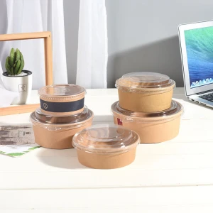 Eco friendly waterproof oil-proof disposable container round soup bowl, Kraft paper cups, Paper bowl take away fast food containers with lids