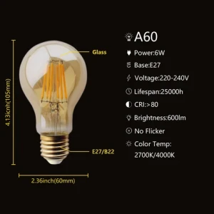 Edison bulb A60 E27 6W tungsten heated light 220V-240V spiral head ultra bright filament lamp for retro restaurants