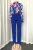 Import European and American printing two piece set blue color  long sleeve top button belt pencil pants summer women wear from China