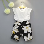 Factor Direct Flying Sleeve T-Shirt +Big Flower Belt Pants Clothes 2 Pieces Baby Girls Clothing Sets