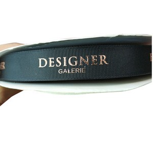 Factory OEM wholesale solid color polyester grosgrain gift ribbon with 3D Rose Gold Foil Logo