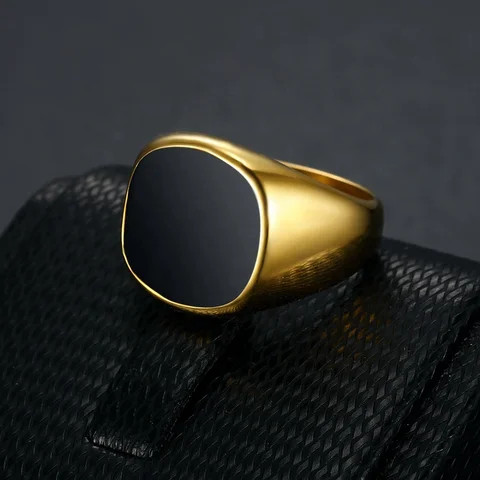 Fashion Jewelry Men Black Onyx Enamel Finger Ring Stainless Steel Square Agate Signet Rings for Men