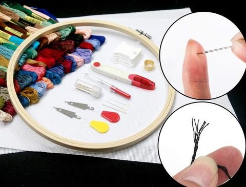 Full Set of Embroidery Starter Kit Cross Stitch Tool Kit Including 5 Embroidery Bamboo Hoop, 50 Color Threads knitting needles