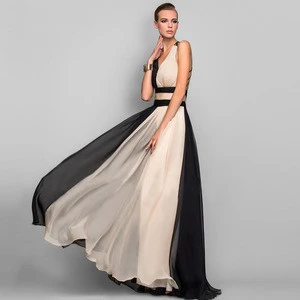 Guangzhou New Design Sleeveless Deep V Neck High Waist Black And White Elegant Evening Gown Flowing Long Chiffon Evening Dress