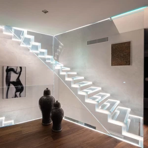 hidden beam straight floating stairs design with built-in lighting and with frameless tempered glass railing handrail system