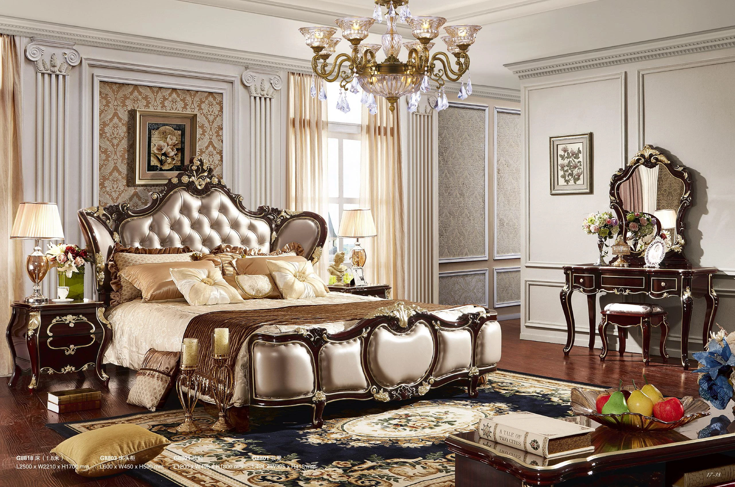 High end glossy brown color lacquered Luxury bedroom furniture set king size carved royal bedroom set double bed