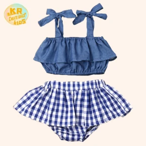 High Quality Plaid Sleeveless Little Girls Swim Wear With Bow 2 Piece Kids Clothing Sets