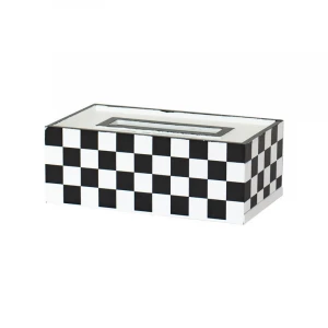 High quality wholesale simple wooden geometric black and white plaid printing decorative handmade tissue box