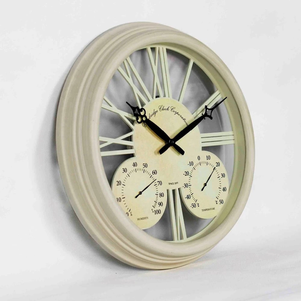 hollow simple brief design outdoor plastic wall clock with hygrometer and thermometer