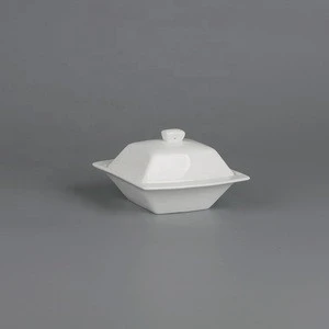 Hot sale hotel white fine China ceramic square porcelain soup set  tureen