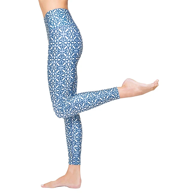 Hot sale sky blue printed flower polyester spandex leggings high waisted comfortable fitness yoga pants