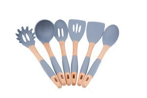 Hot Silicone Wooden Handle Kitchen Accessories, Kitchen Utensils, Cooking Tools 6 Sets