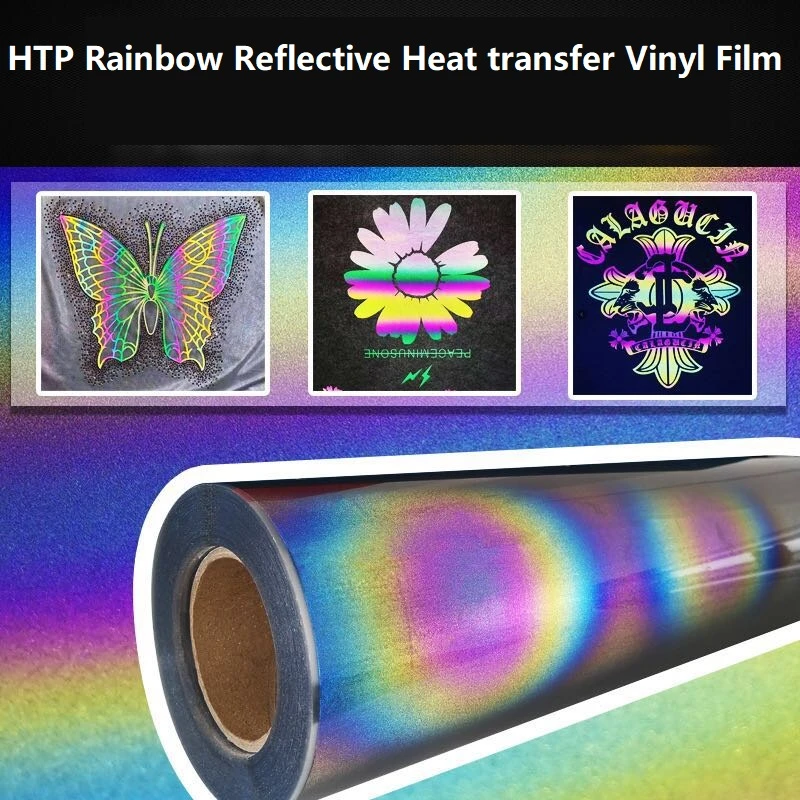HTP Heat Transfer Vinyl Iridescence Reflective Film DIY Hot Iron Rainbow Warning Reflective Tape On Bag Clothing Shoes