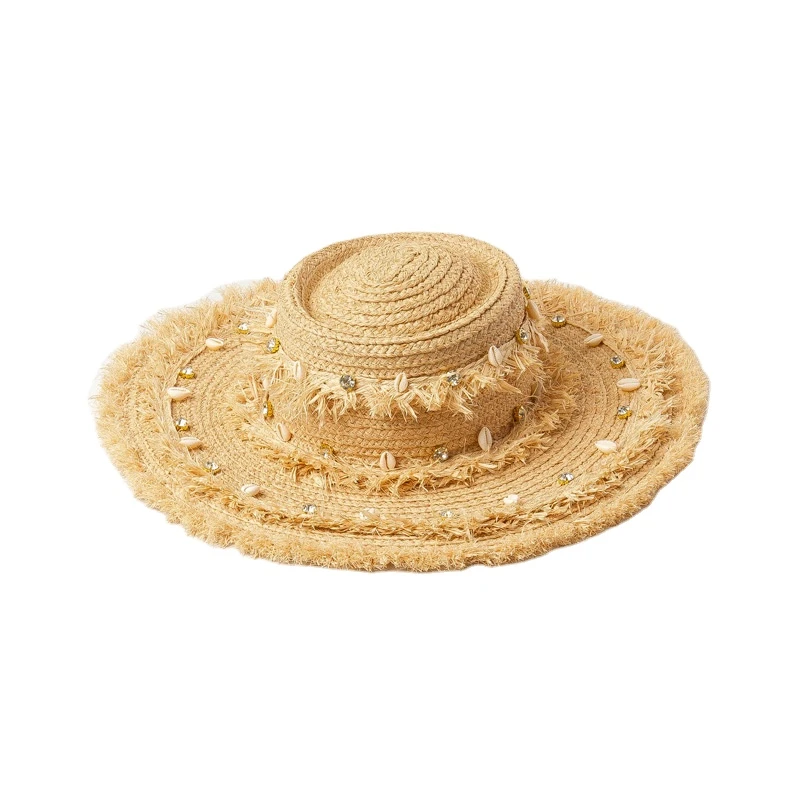 Lovely flat brim floppy pearl decoration natural color boater straw hat unisex jazz fedora flat top summer hat