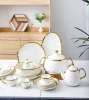 Luxury porcelain  wedding gold rimmed line  77 Pcs plated dinner  sets  white ceramic plate and bowl  dinnerware
