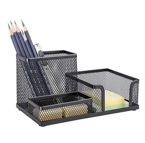 Mesh Desk Organizer Office Supplies Caddy with Pencil Holder and Storage Baskets for Desk Accessories, 3 Compartments, Black