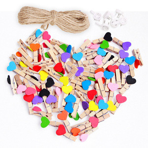 Mini Colored Wooden Heart Clothespins 3.5cm Photo Craft Clips for Wedding Party Decor with 10M Jute Twine