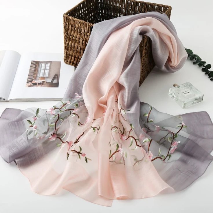 New Peach Blossom Embroidered Elegant Gradually change color Wool Ladies scarf, High-end Gift Shawl Wholesale