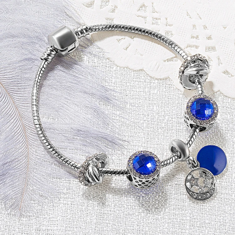 NUORO Minimalist Fashion Shiny Crystal CZ Glass Beads Women Ladies Jewelry Gift Hollow Blue Starry Sky Pendant Bangle Bracelet