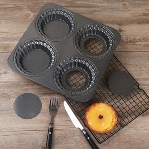 OKAY BK-C0014 Carbon steel Non-stick 4 Cup Chicha Round Cake Pan Personal Pie Tart Pan with Dough Cutter
