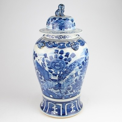 Peony Flower Bird Painted Old Blue and White Lion Ceramic Lidded Jar
