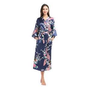 Personalized Womens Kimono Robe Long Printed Peacock Floral Sleepwear Silky with Pockets