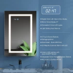 Recessed or Surface LED Mirror Medicine Cabinet with Lights, LED Medicine Cabinet with Clock and Temp Display/Defogger, Dimmer, Light Color Change, Outlets & Us