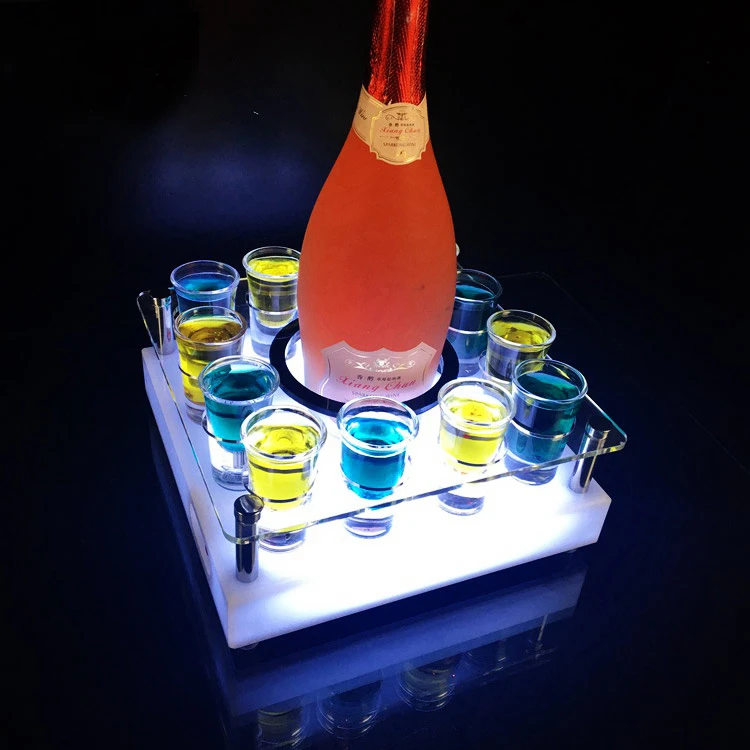Rechargeable Acrylic LED Shot Glasses VIP Service Tray with Illuminated Bottle Holder Display