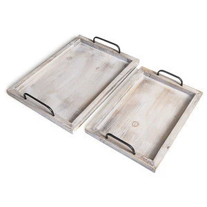 Rustic Vintage Food Serving Trays Set of 2 Nesting Wooden Board with Metal Handles