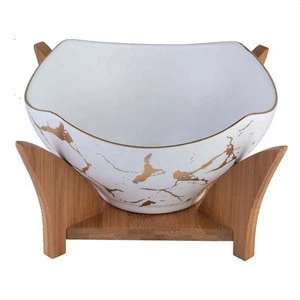 Share Ready to ShipIn Stock Fast Dispatch Marble Gold White Ceramic Fruit Salad Bowl Hotel Vegetable Bowl Bamboo Stand Kitchen