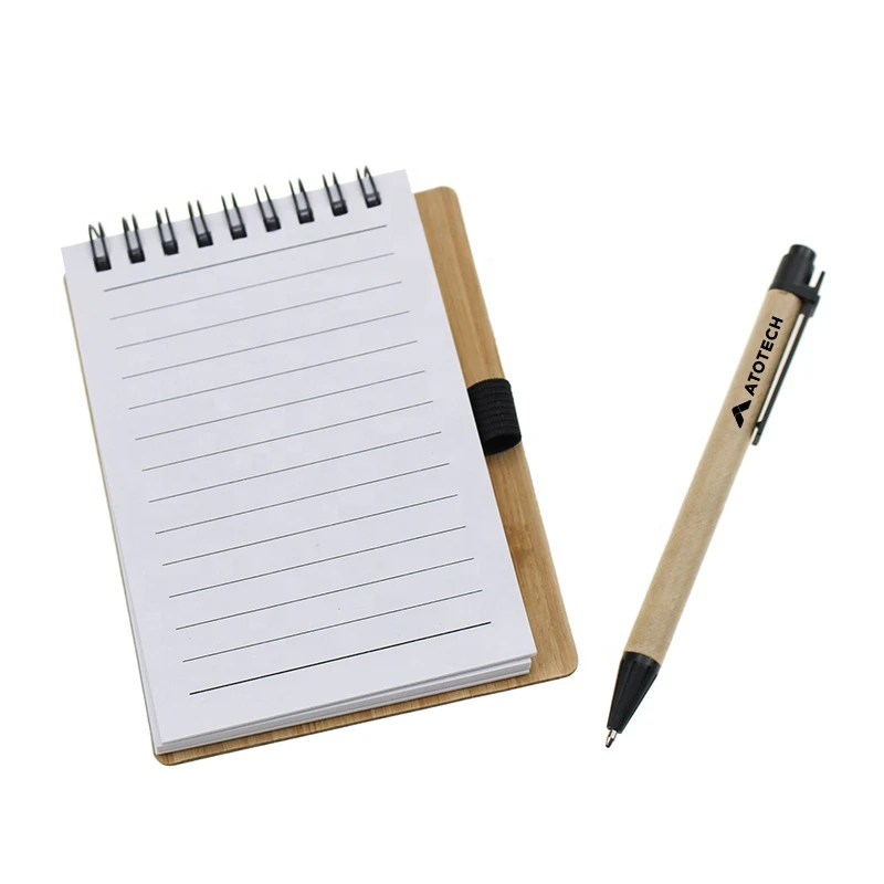 Spiral bound bamboo cover notepad pen set with sticky notes / notebook set/ Memo pad of customized logo MOQ 50 pcs notepad with logo